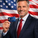 Credit score hacks illustration showing a 50-year-old man in a suit holding a credit card with an American flag behind him