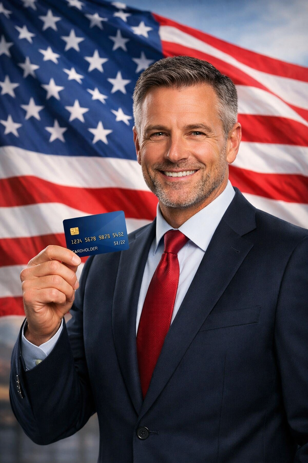 Credit score hacks illustration showing a 50-year-old man in a suit holding a credit card with an American flag behind him